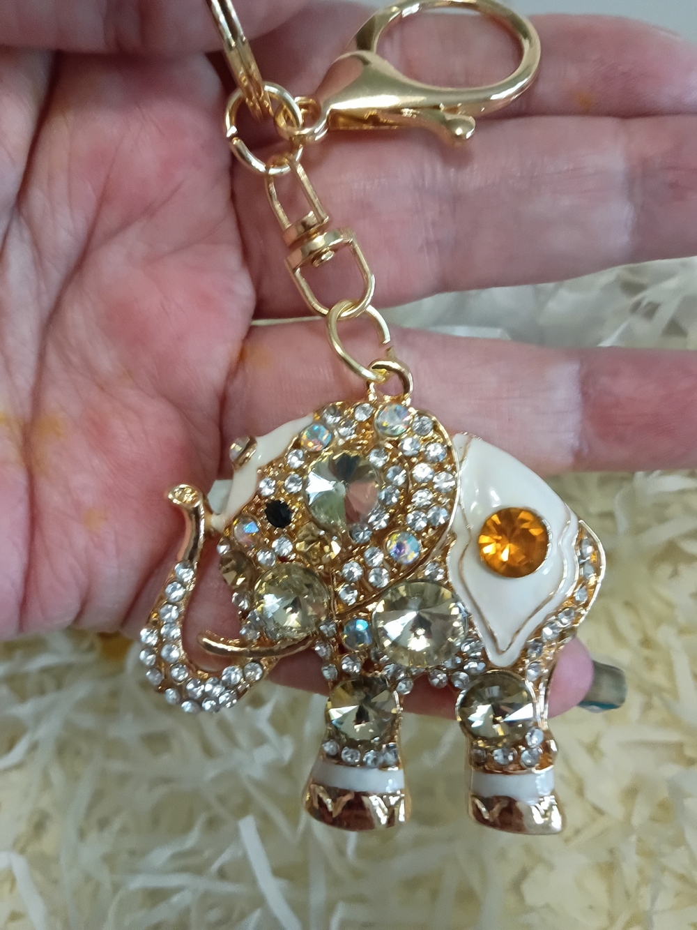 Gold and White Crystal Elephant Keychain - Women's Key & Card Holder Accessory - Picture 3 of 6